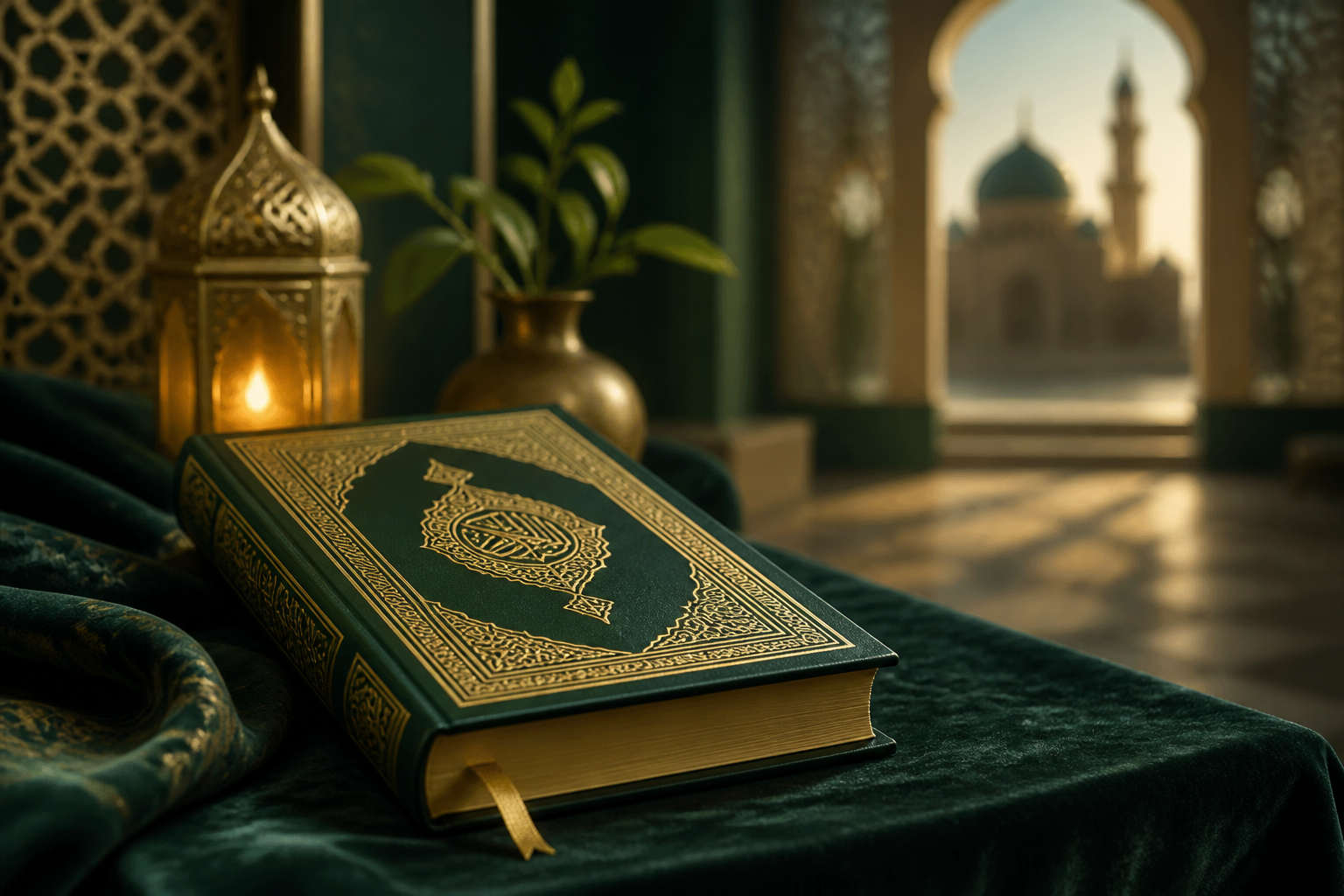 Closed Quran on a soft Islamic green and gold background