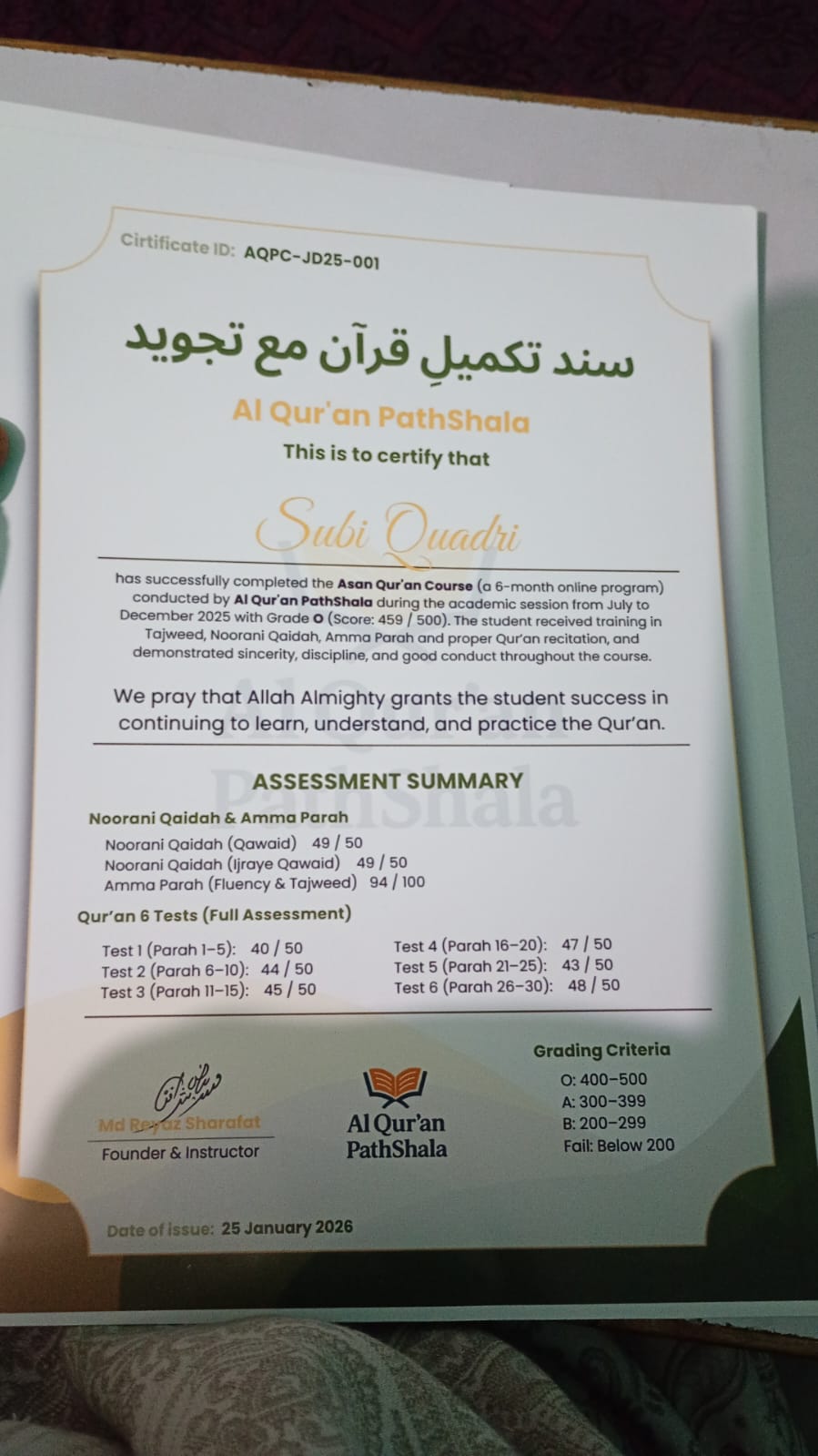 Quran Learning Milestone Certificate